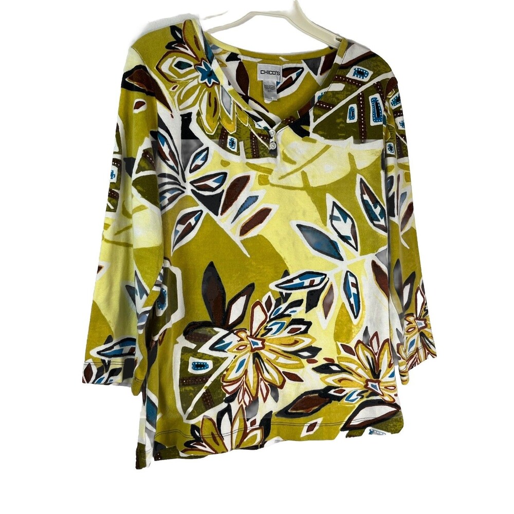 Chicos Botanical Art Print 3/4 Sleeve Top blouse 1 M 6 8